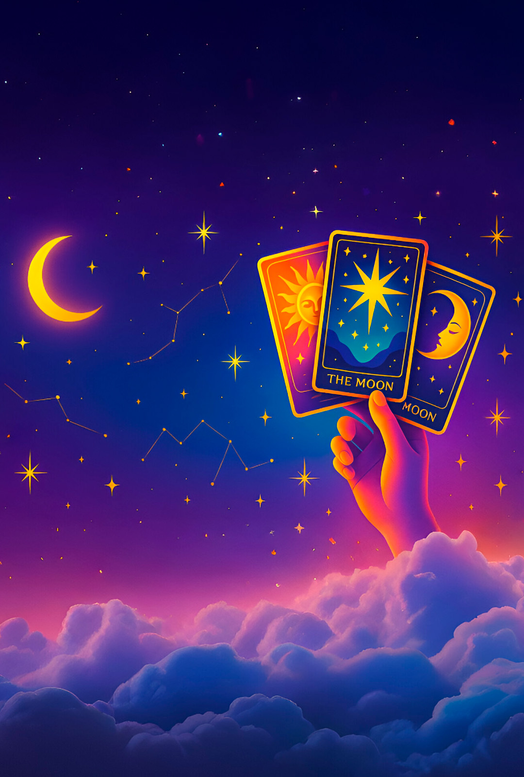 Cartas de tarot iluminadas entre las estrellas